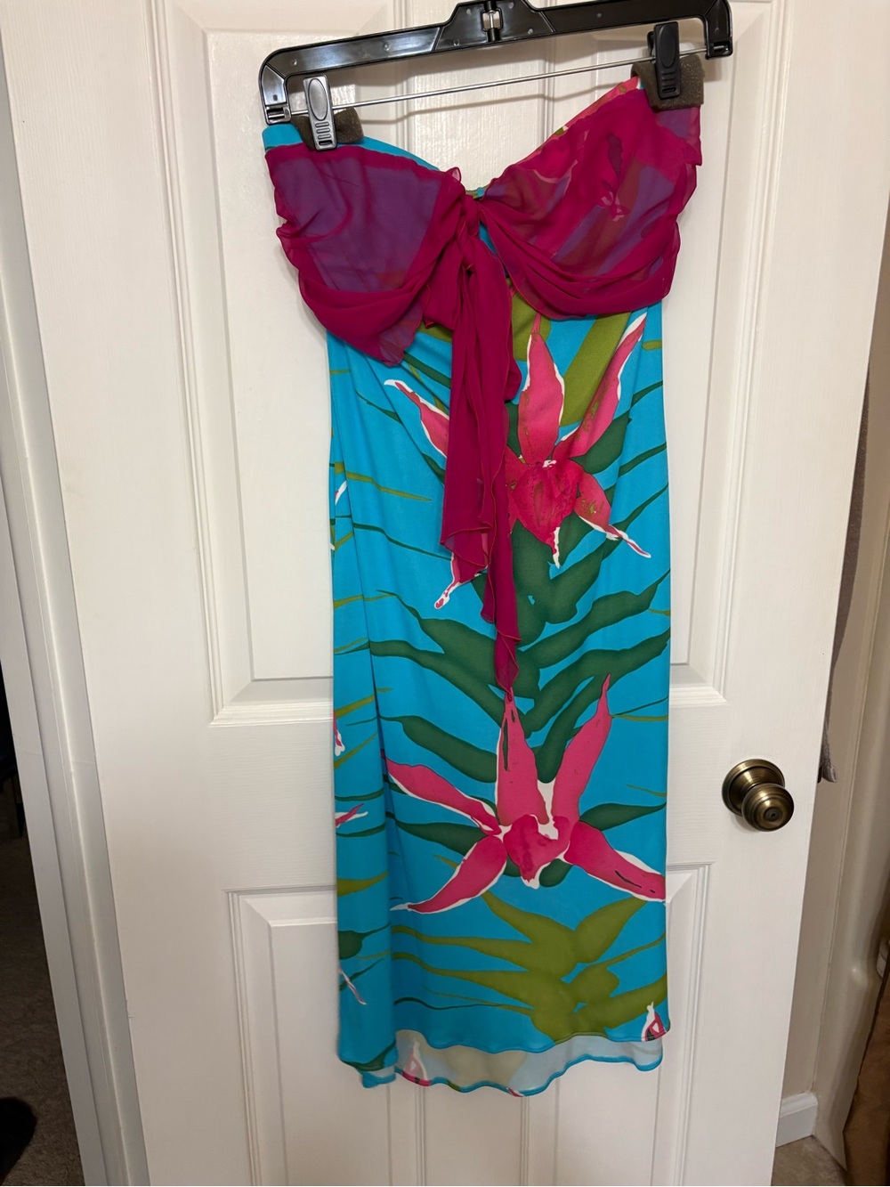 Yigal Azrouel Turquoise Strapless Maxi Dress with Fuchsia Tie